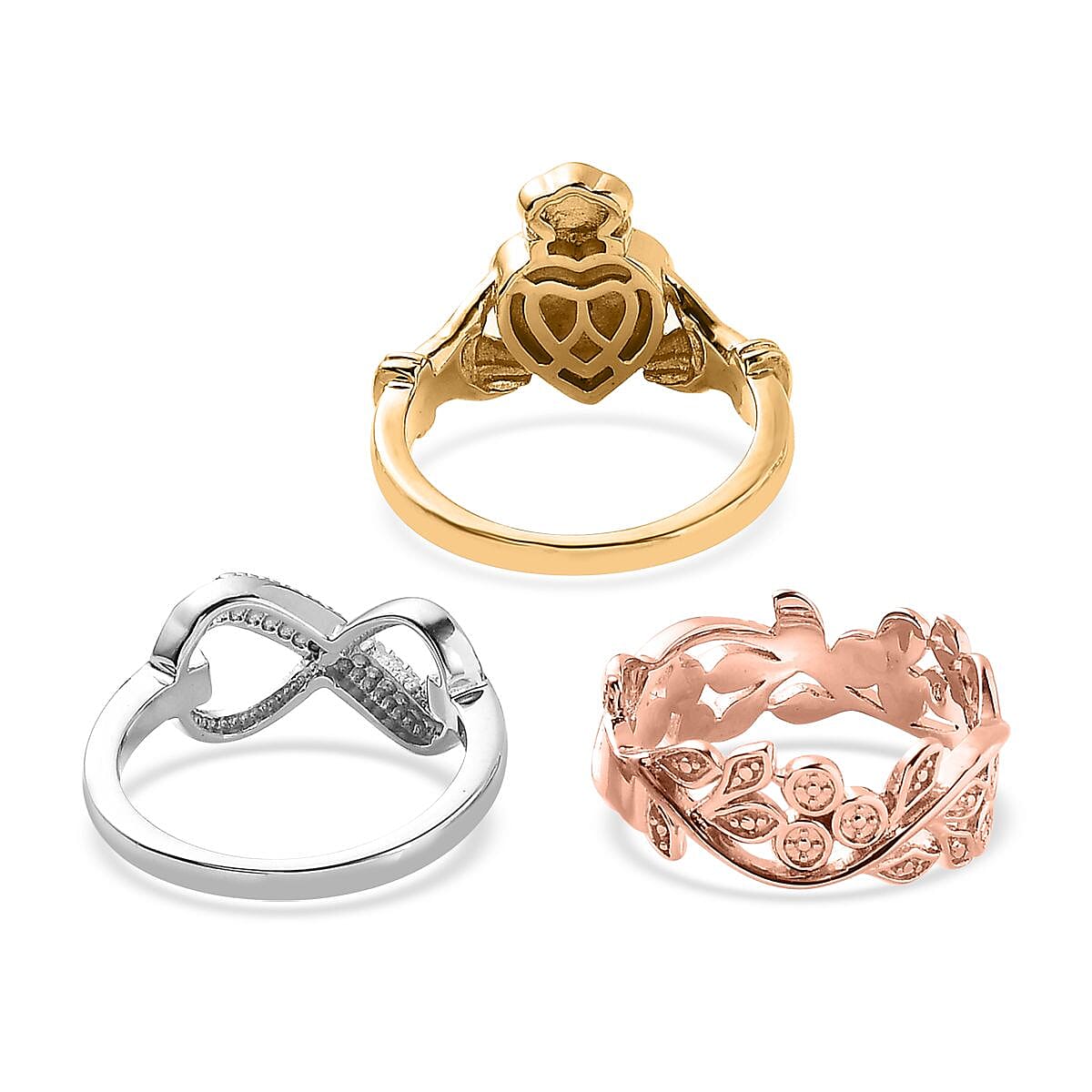 Ankurs Treasure Chest Karis Natural Champagne and White Diamond, Blue Diamond (IR) Accent Set of 3 Leafs, Claddagh, Infinity Ring in 18K YRG Plated and Platinum Bond (Size 5.0)