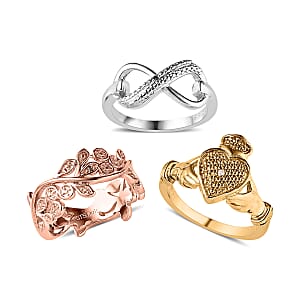Natural Champagne and White Diamond, Blue Diamond (IR) Accent Set of 3 Leafs, Claddagh, Infinity Ring in 18K YRG Plated and Platinum Bond (Size 7.0)