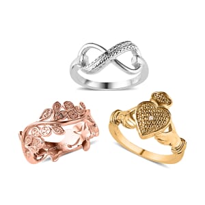 Ankurs Treasure Chest Karis Natural Champagne and White Diamond, Blue Diamond (IR) Accent Set of 3 Leafs, Claddagh, Infinity Ring in 18K YRG Plated and Platinum Bond (Size 8.0)