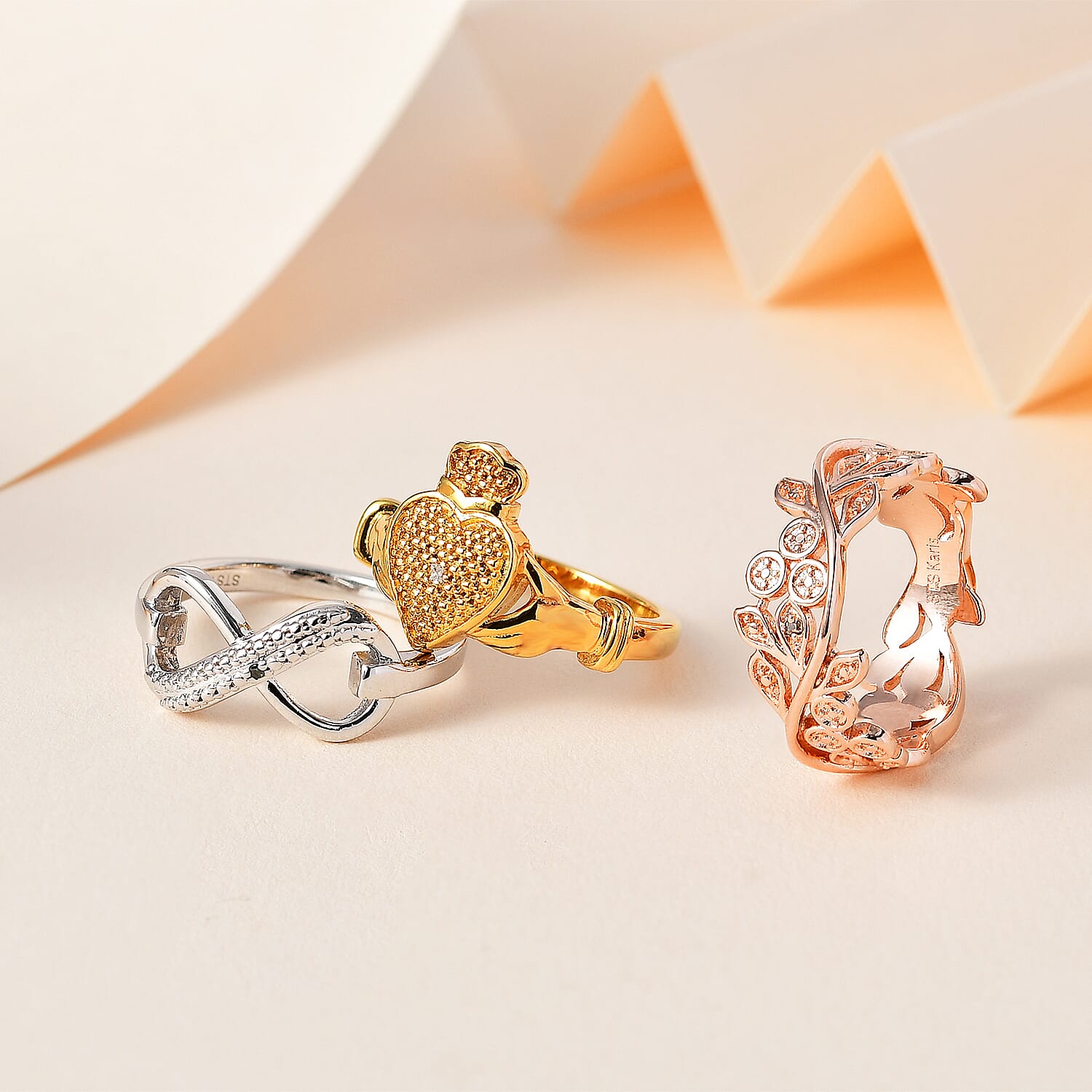 Natural Chapagne and White Diamond, Blue Diamond (IR) Accent Set of 3 Leafs, Claddagh, Infinity Ring in 18K YRG Plated and Platinum Bond (Size 5.0)
