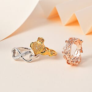 Natural Champagne and White Diamond, Blue Diamond (IR) Accent Set of 3 Leafs, Claddagh, Infinity Ring in 18K YRG Plated and Platinum Bond (Size 10.0)