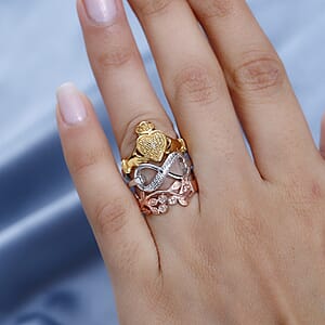 Natural Champagne and White Diamond, Blue Diamond (IR) Accent Set of 3 Leafs, Claddagh, Infinity Ring in 18K YRG Plated and Platinum Bond (Size 10.0)