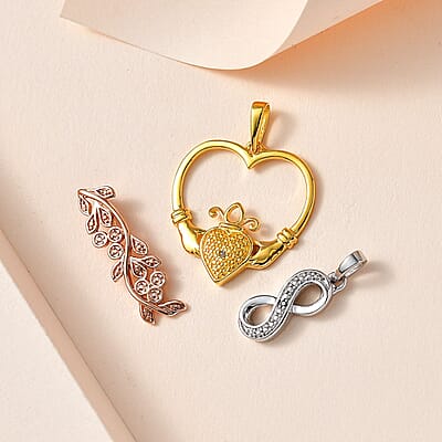 Karis Natural Champagne and White Diamond, Blue Diamond (IR) Accent Set of 3 Leafs, Claddagh, Infinity Pendant without Chain in 18K YRG Plated and Platinum Bond