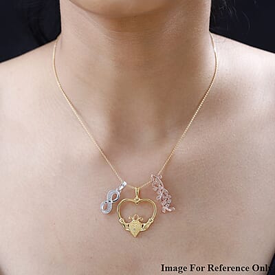 Karis Natural Champagne and White Diamond, Blue Diamond (IR) Accent Set of 3 Leafs, Claddagh, Infinity Pendant without Chain in 18K YRG Plated and Platinum Bond