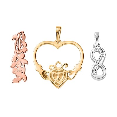 Karis Natural Champagne and White Diamond, Blue Diamond (IR) Accent Set of 3 Leafs, Claddagh, Infinity Pendant without Chain in 18K YRG Plated and Platinum Bond