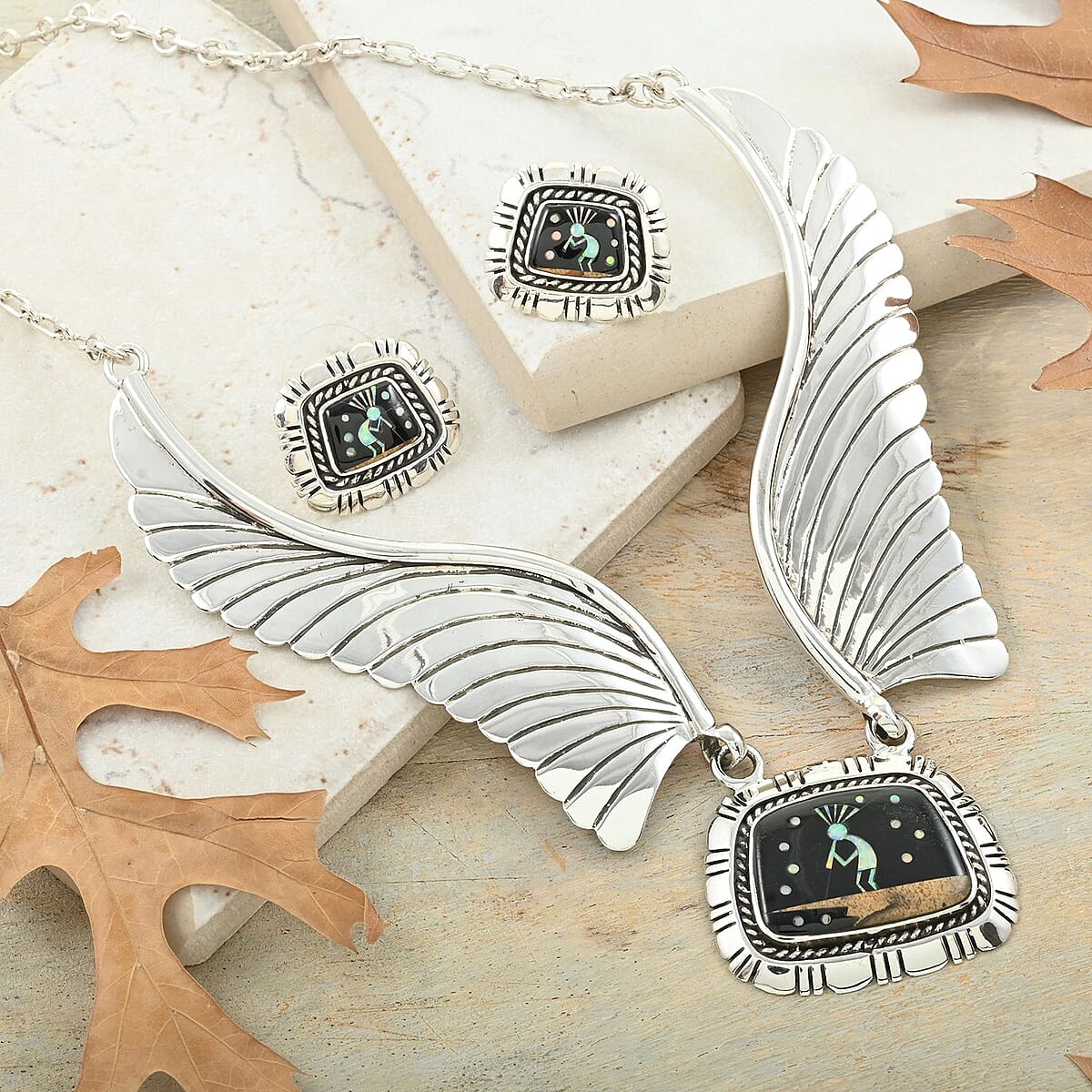 Santa Fe Style Multi Gemstone Kokopelli Earrings and Necklace 18 Inches in Sterling Silver 9.95 ctw image number 1