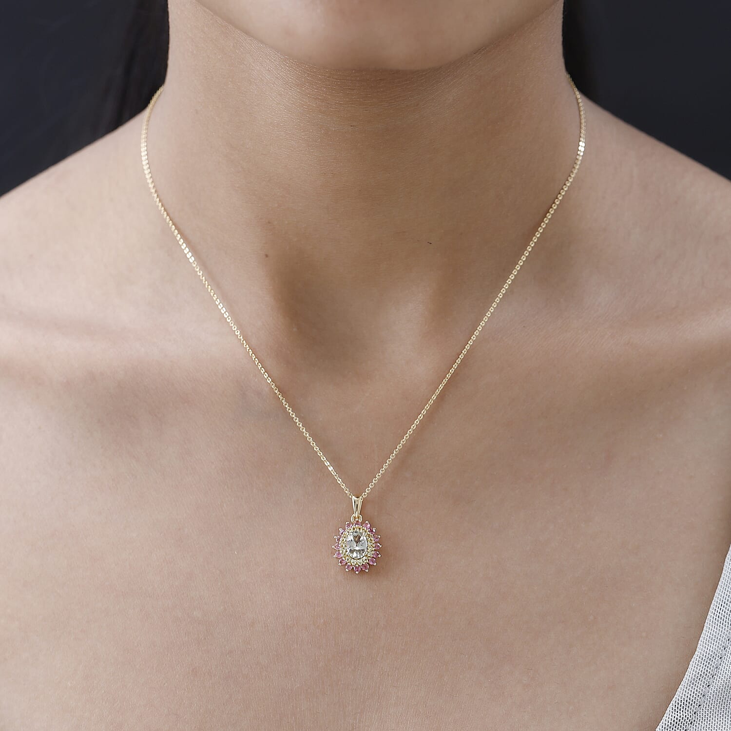 AAA Turkizite and Multi Gemstone Floral Pendant Necklace 20 Inches in Vermeil Yellow Gold Over Sterling Silver 1.30 ctw