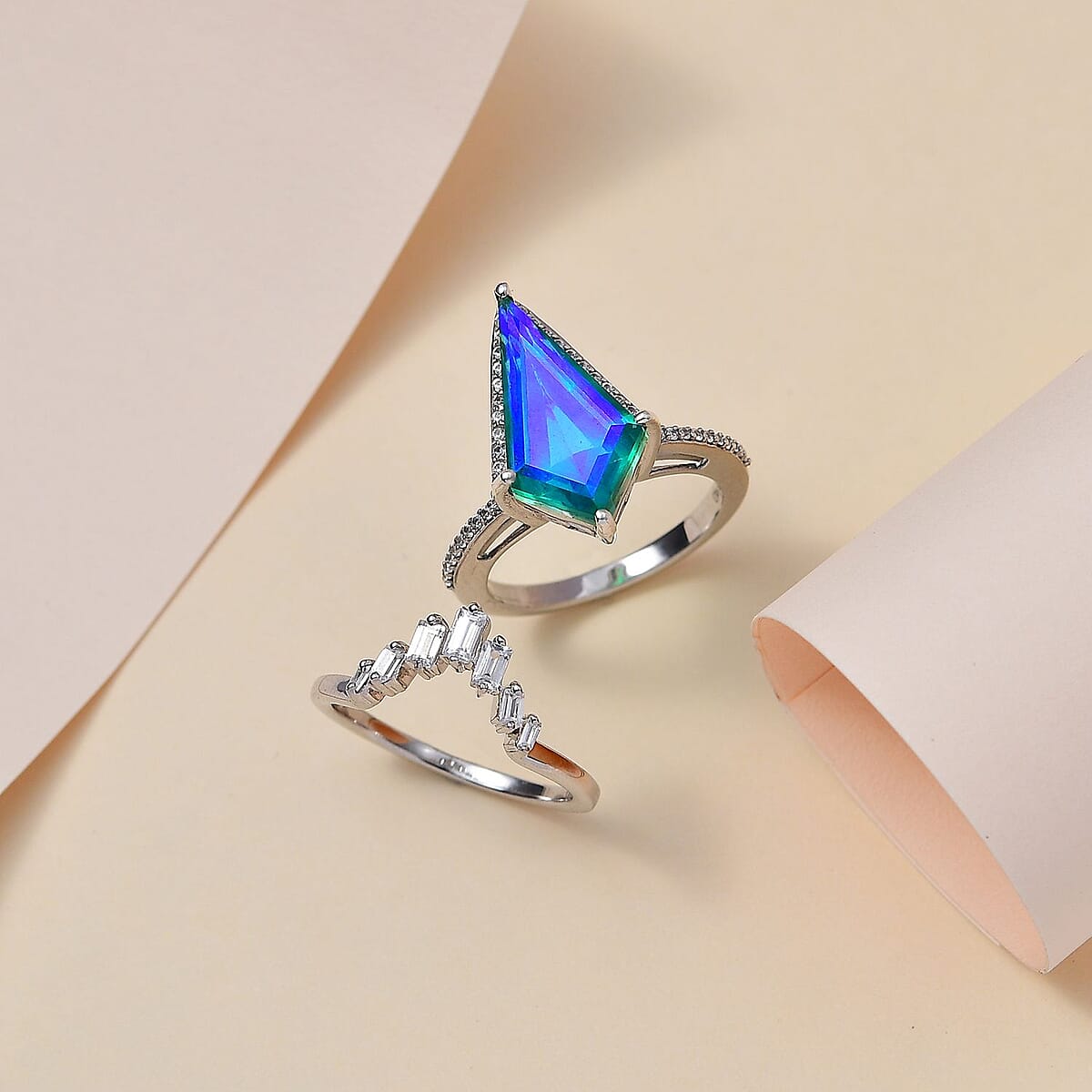 Peacock Quartz (Triplet) and White Zircon Set of 2 Stackable Ring in Platinum Over Sterling Silver 7.10 ctw (Del. in 7-10 Days) image number 1