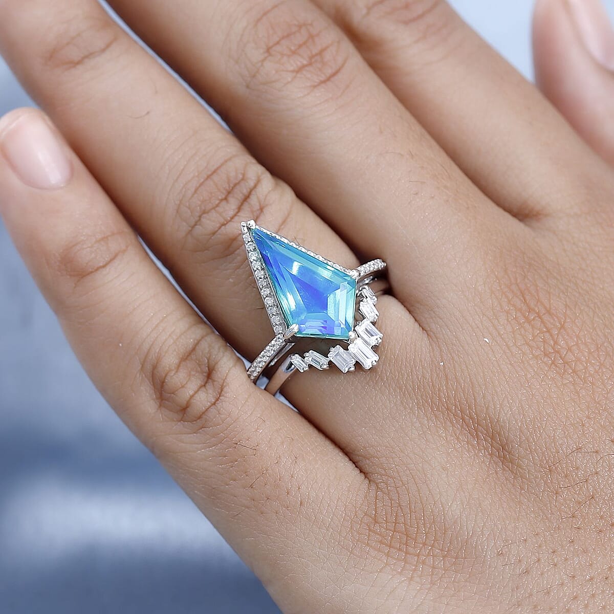 Peacock Quartz (Triplet) and White Zircon Set of 2 Stackable Ring in Platinum Over Sterling Silver 7.10 ctw (Del. in 7-10 Days) image number 2