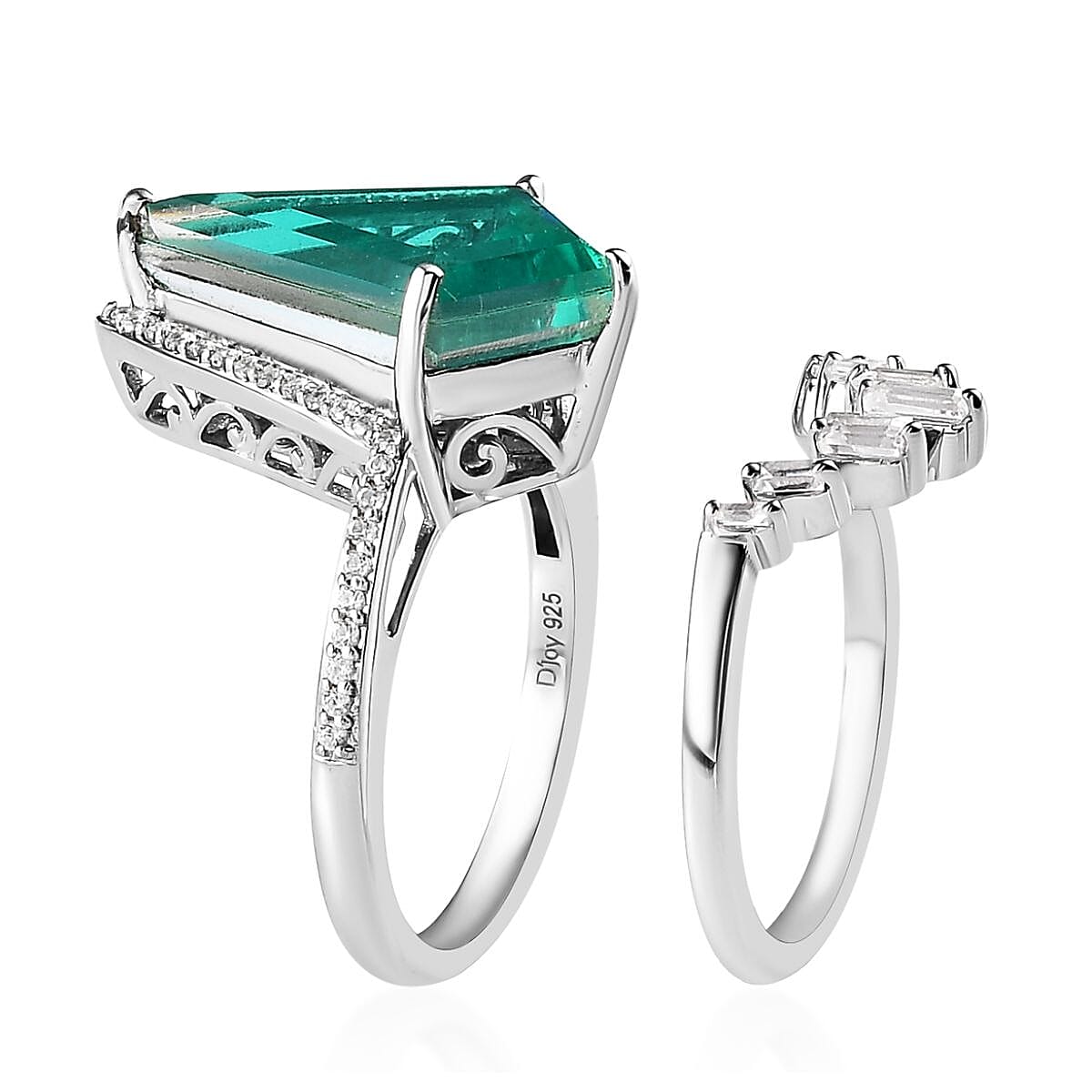 Peacock Quartz (Triplet) and White Zircon Set of 2 Stackable Ring in Platinum Over Sterling Silver 7.10 ctw (Del. in 7-10 Days) image number 3