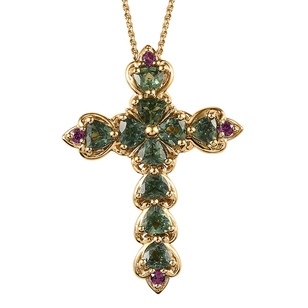 Tanzanian Natural Green Apatite and Orissa Rhodolite Garnet Cross Pendant Necklace 20 Inches in Vermeil Yellow Gold Over Sterling Silver 2.60 ctw image number 0