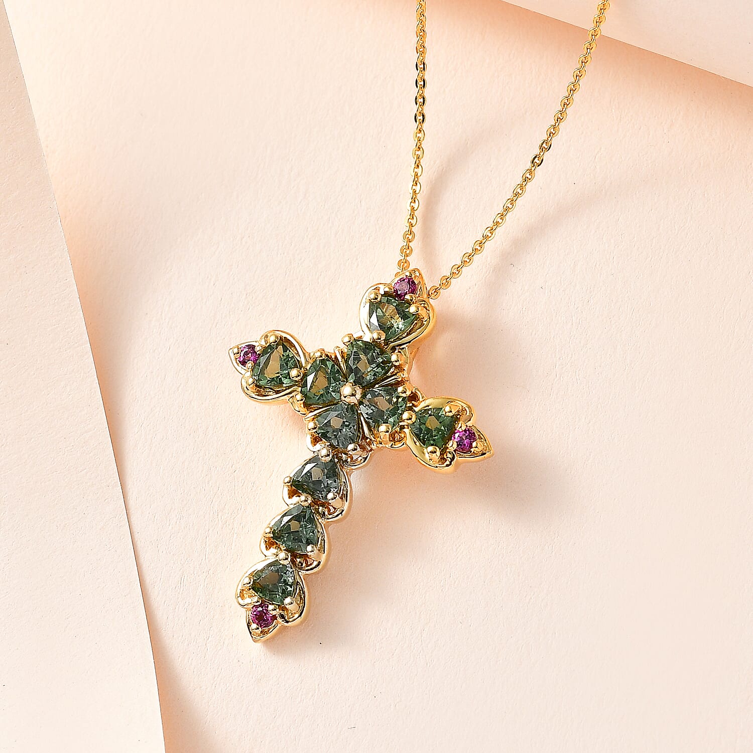 Tanzanian Natural Green Apatite and Orissa Rhodolite Garnet Cross Pendant Necklace 20 Inches in Vermeil Yellow Gold Over Sterling Silver 2.60 ctw