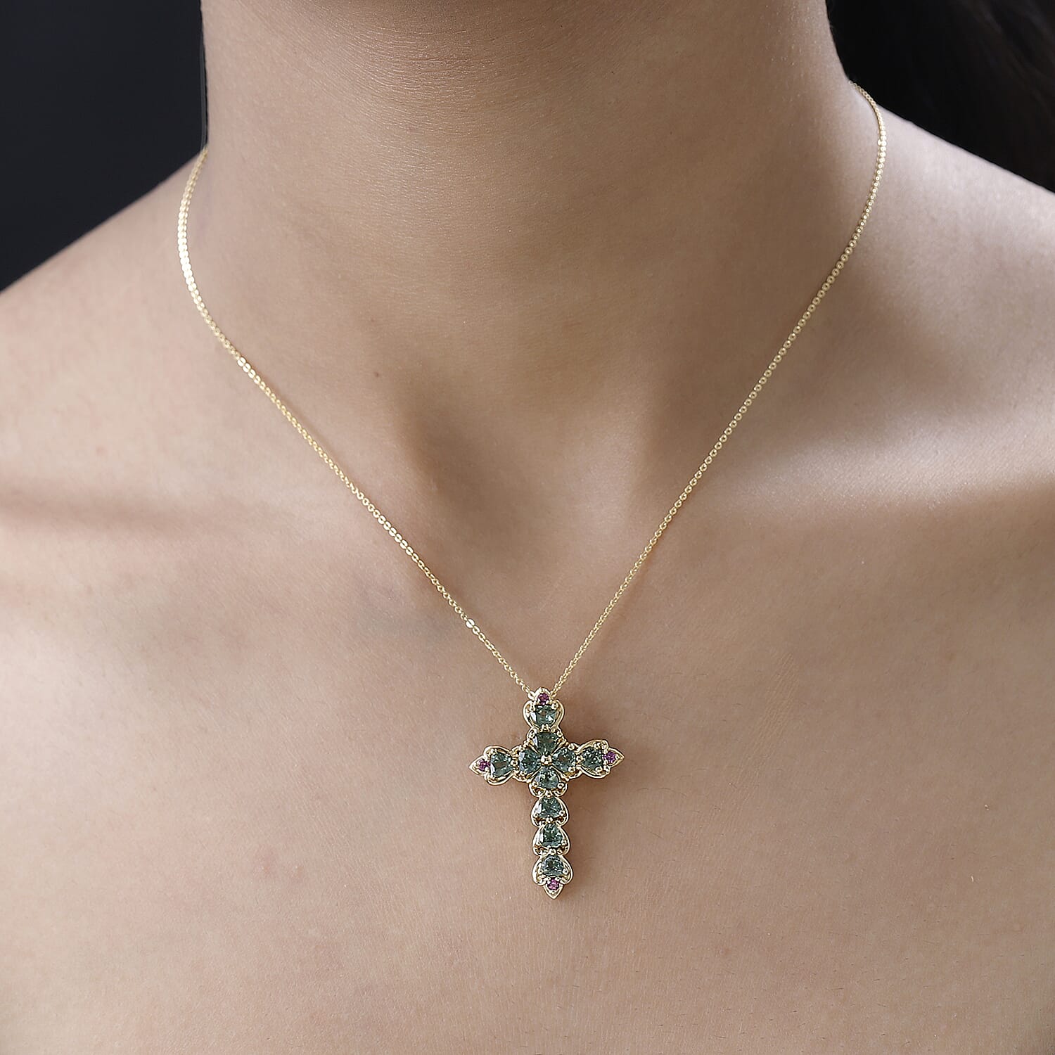 Tanzanian Natural Green Apatite and Orissa Rhodolite Garnet Cross Pendant Necklace 20 Inches in Vermeil Yellow Gold Over Sterling Silver 2.60 ctw