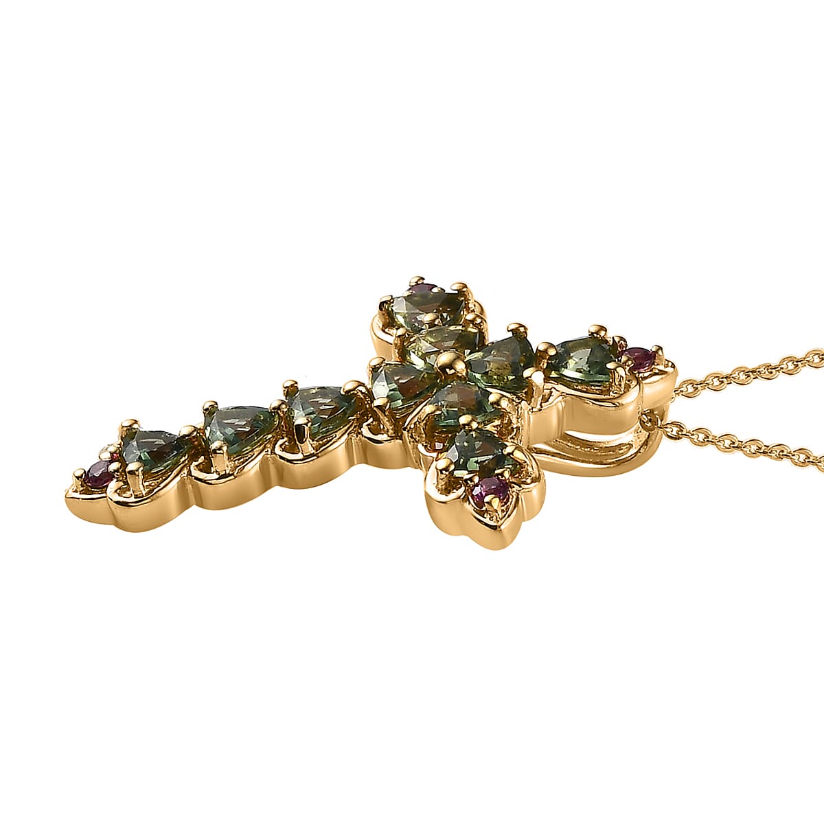 Tanzanian Natural Green Apatite and Orissa Rhodolite Garnet Cross Pendant Necklace 20 Inches in Vermeil Yellow Gold Over Sterling Silver 2.60 ctw