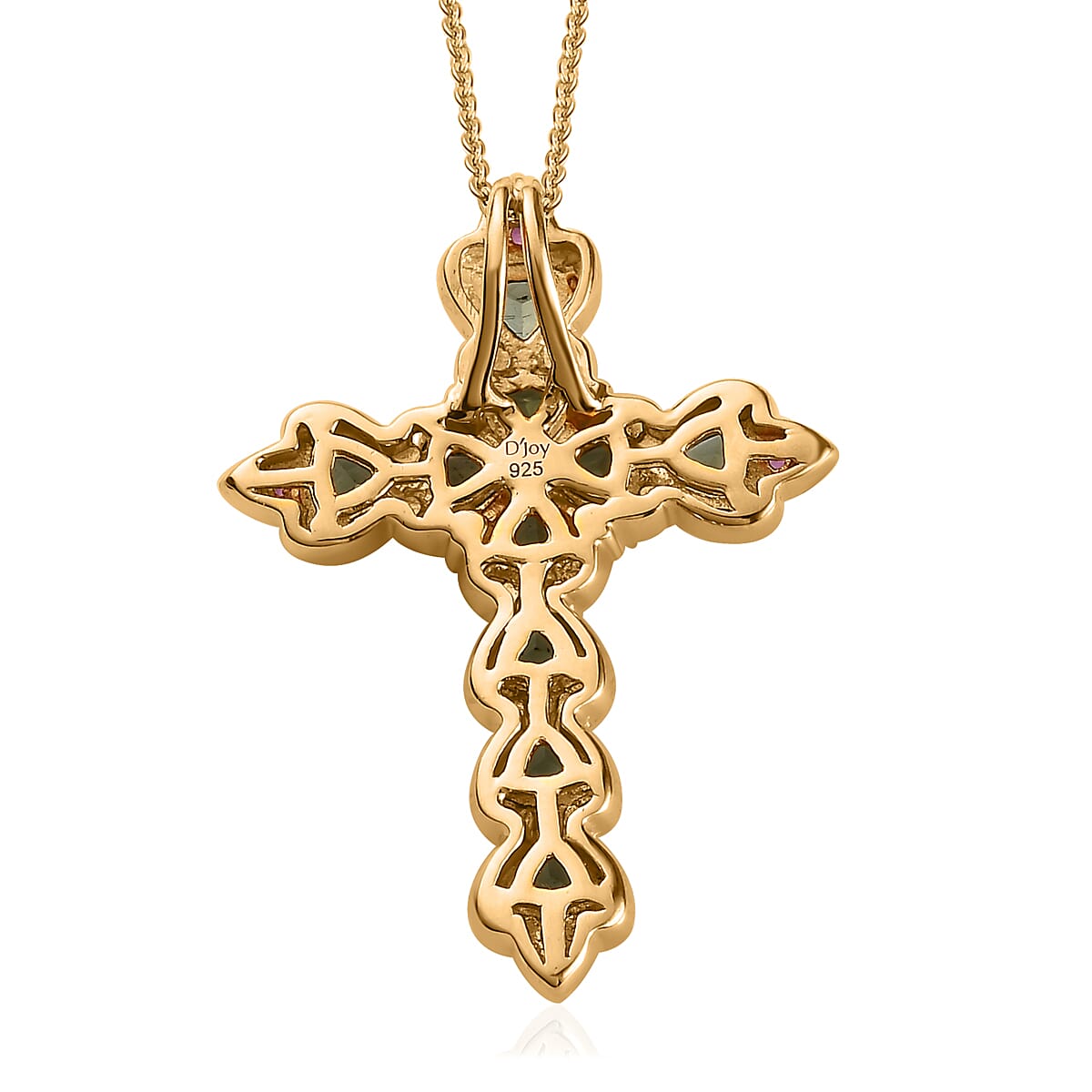 Tanzanian Natural Green Apatite and Orissa Rhodolite Garnet Cross Pendant Necklace 20 Inches in Vermeil Yellow Gold Over Sterling Silver 2.60 ctw