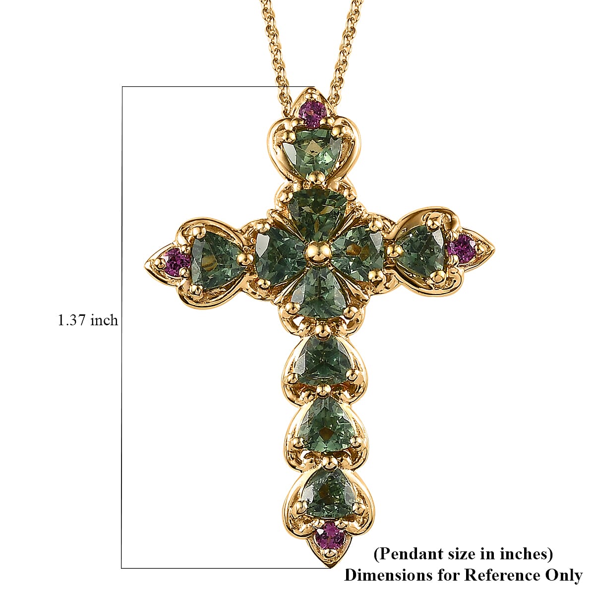 Tanzanian Natural Green Apatite and Orissa Rhodolite Garnet Cross Pendant Necklace 20 Inches in Vermeil Yellow Gold Over Sterling Silver 2.60 ctw