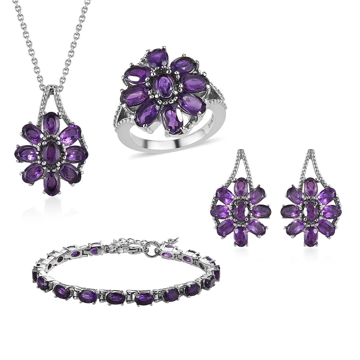 African Amethyst Bracelet (6.5-8.5In), Earrings, Ring (Size 7), Pendant Necklace 20 Inches in Stainless Steel 24.75 ctw image number 0