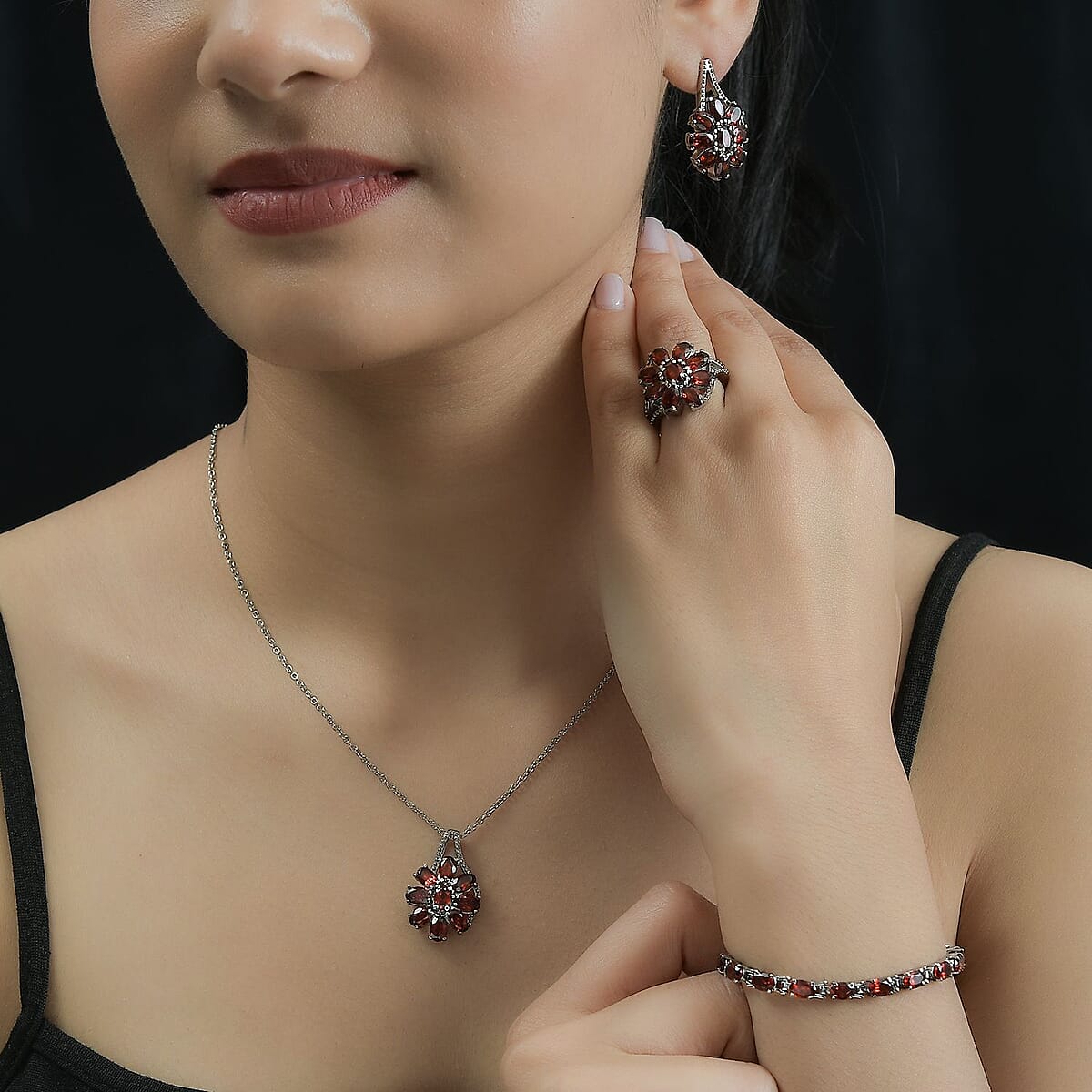 Mozambique Garnet Bracelet (6.5-8.5In), Earrings, Ring (Size 9) and Pendant Necklace (20 Inches) in Stainless Steel 29.50 ctw image number 6