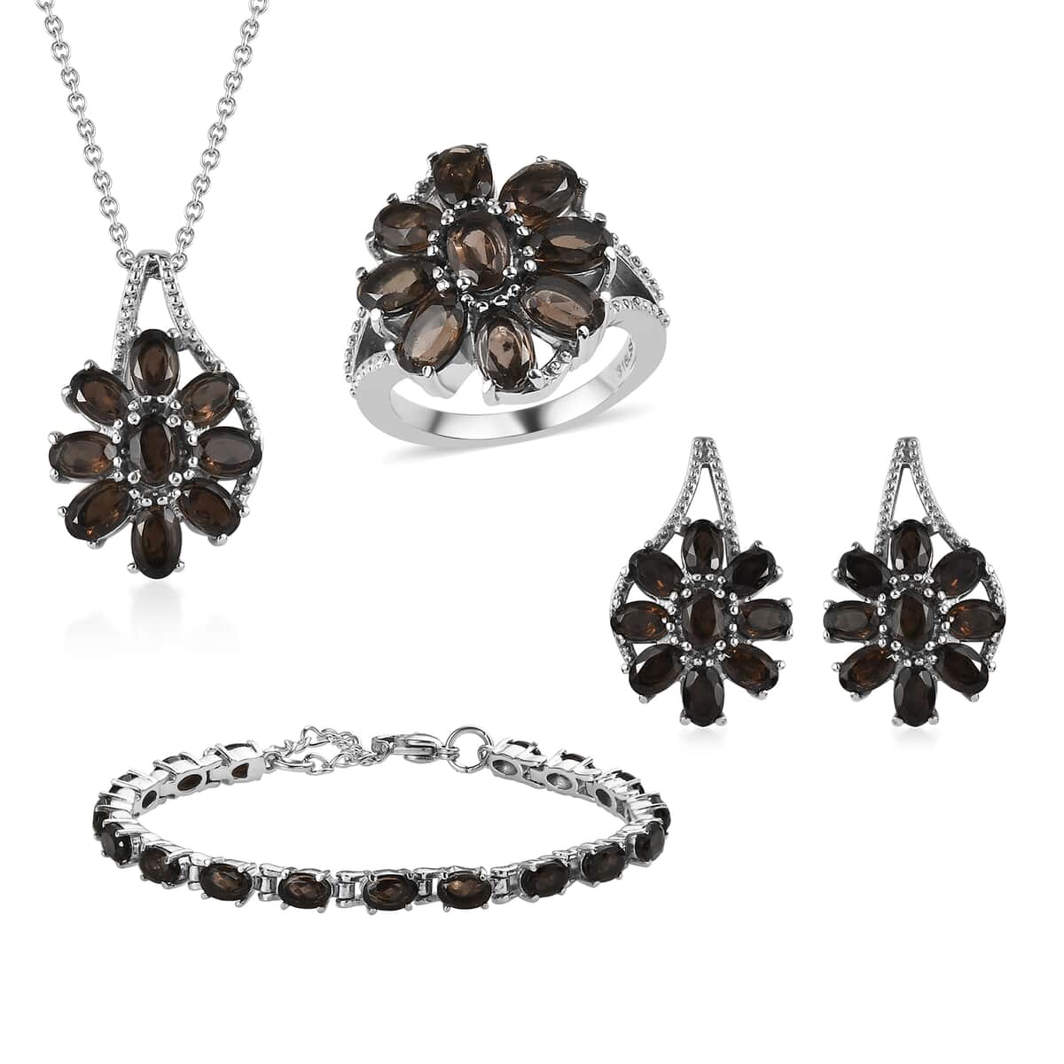 Brazilian Smoky Quartz 23.25 ctw Daisy Flower Bracelet (6.5-8.5In), Earrings, Ring (Size 5), Pendant Necklace 20 Inches in Stainless Steel image number 0