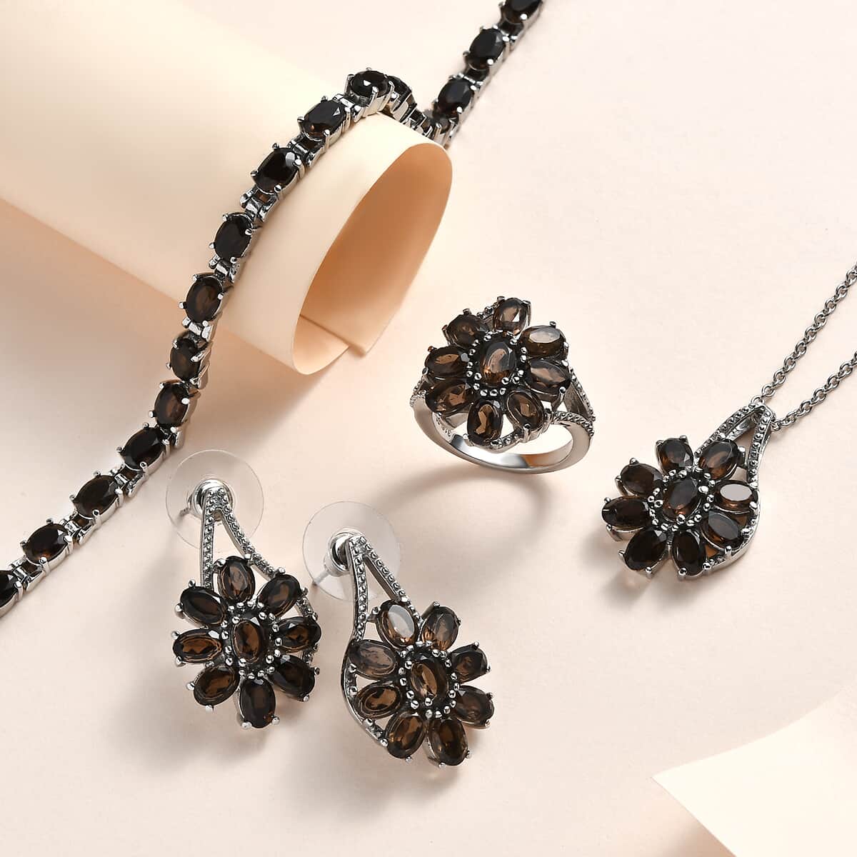 Brazilian Smoky Quartz 23.25 ctw Daisy Flower Bracelet (6.5-8.5In), Earrings, Ring (Size 5), Pendant Necklace 20 Inches in Stainless Steel image number 1