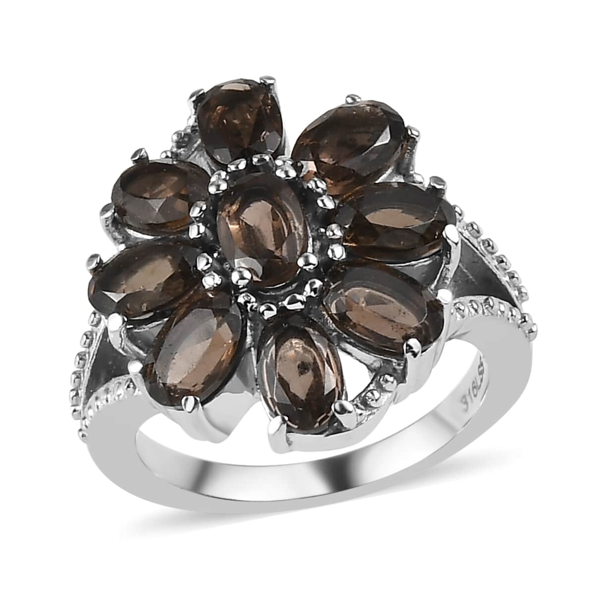 Brazilian Smoky Quartz 23.25 ctw Daisy Flower Bracelet (6.5-8.5In), Earrings, Ring (Size 5), Pendant Necklace 20 Inches in Stainless Steel image number 5