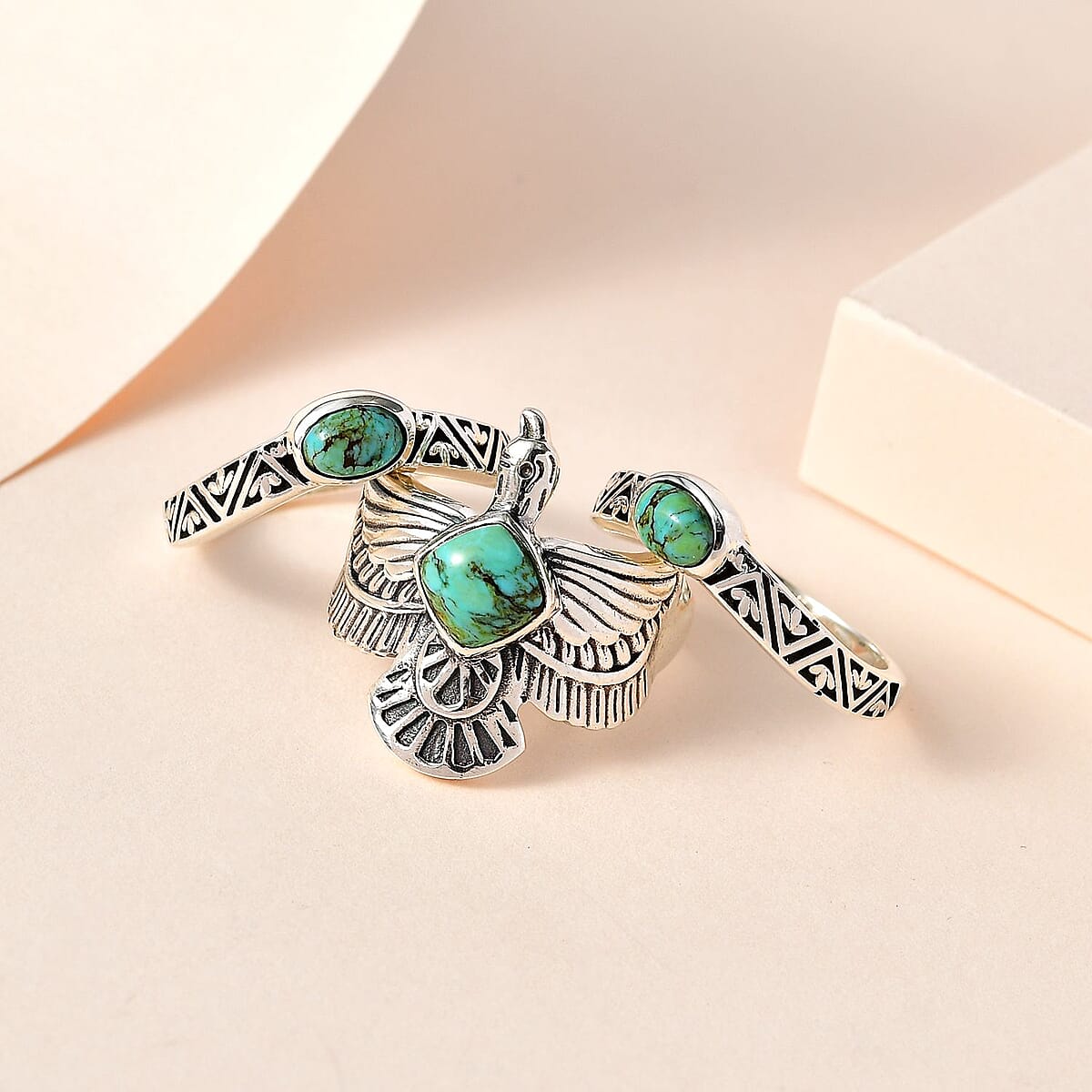 Artisan Crafted Blue Moon Turquoise Set of 3 Stackable Eagle Ring in Sterling Silver (Size 5.0) 2.10 ctw image number 1