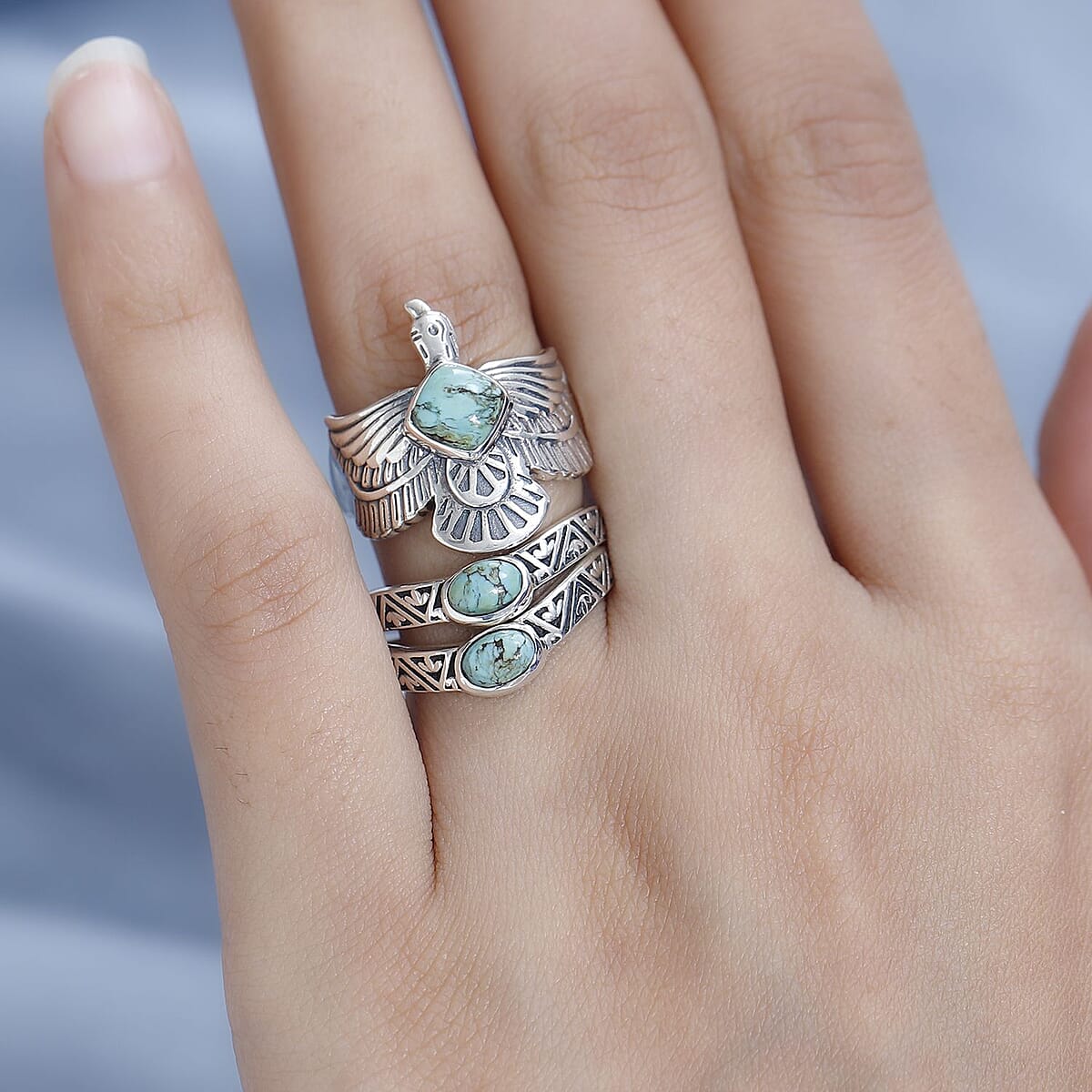 Artisan Crafted Blue Moon Turquoise Set of 3 Stackable Eagle Ring in Sterling Silver (Size 5.0) 2.10 ctw image number 2