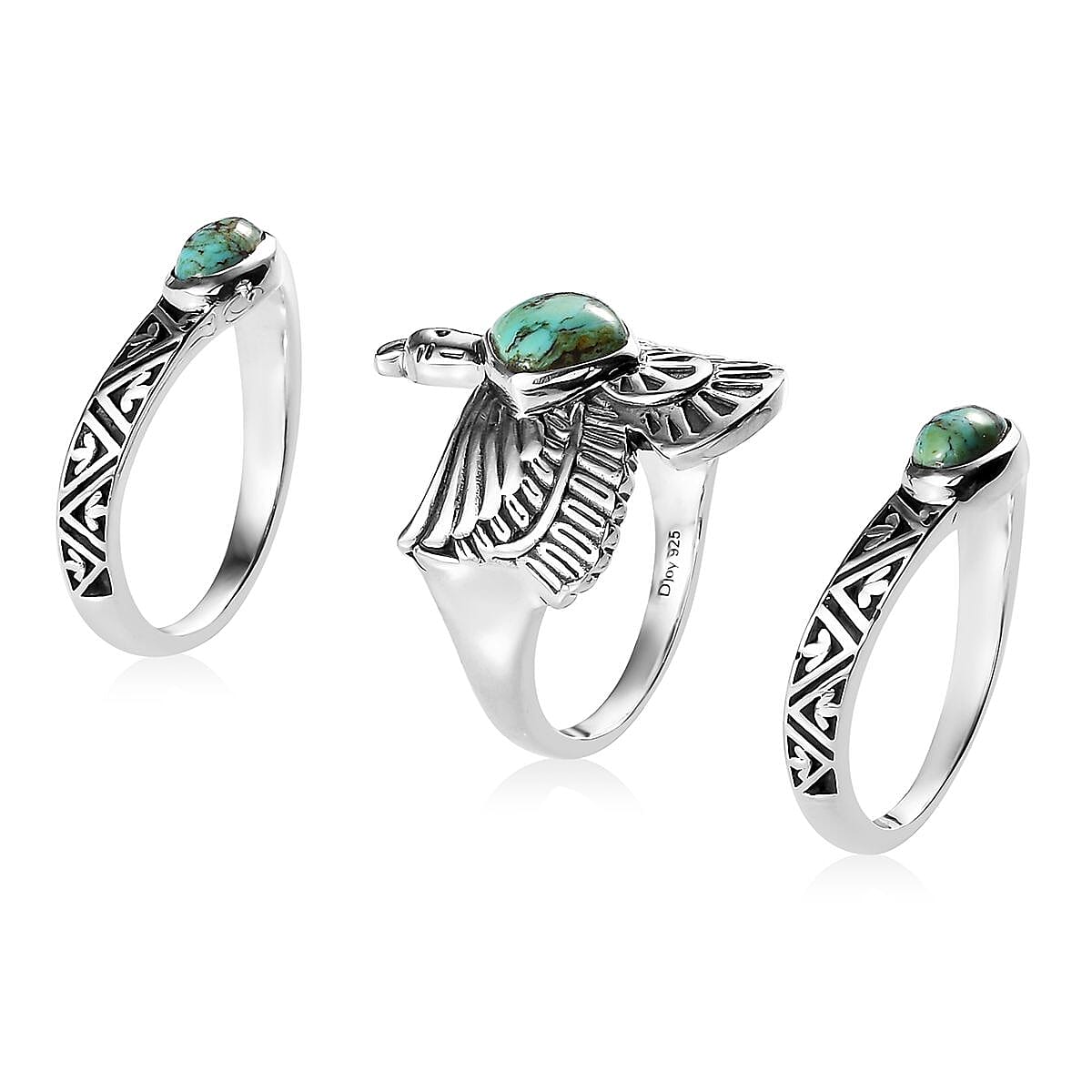 Artisan Crafted Blue Moon Turquoise Set of 3 Stackable Eagle Ring in Sterling Silver (Size 5.0) 2.10 ctw image number 3