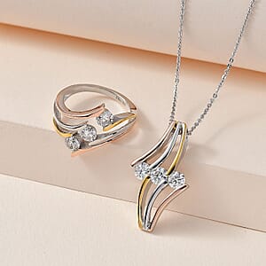 Moissanite 1.40 ctw 3 Stone Ring (Size 5.0) and Pendant Necklace in Vermeil YRG and Platinum Over Sterling Silver 20 Inches