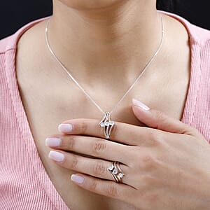 Moissanite 1.40 ctw 3 Stone Ring (Size 5.0) and Pendant Necklace in Vermeil YRG and Platinum Over Sterling Silver 20 Inches