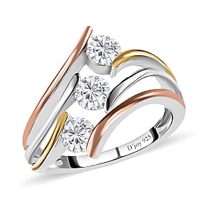 Moissanite 1.40 ctw 3 Stone Ring (Size 5.0) and Pendant Necklace in Vermeil YRG and Platinum Over Sterling Silver 20 Inches