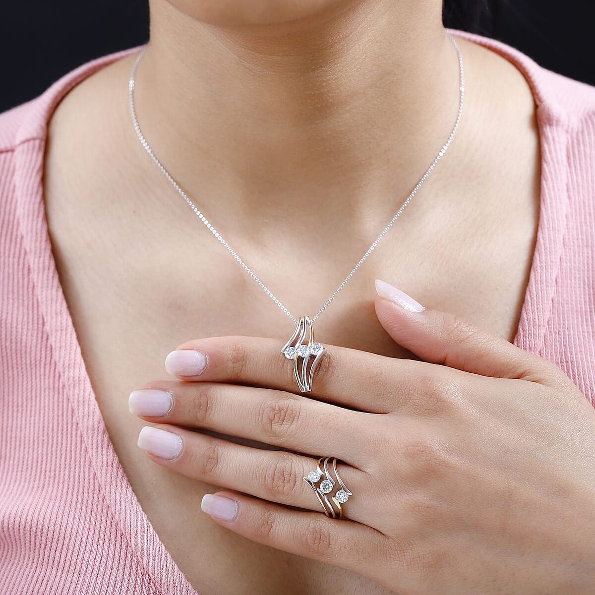 Moissanite 1.40 ctw 3 Stone Ring (Size 7.0) and Pendant Necklace in Vermeil YRG and Platinum Over Sterling Silver 20 Inches image number 2