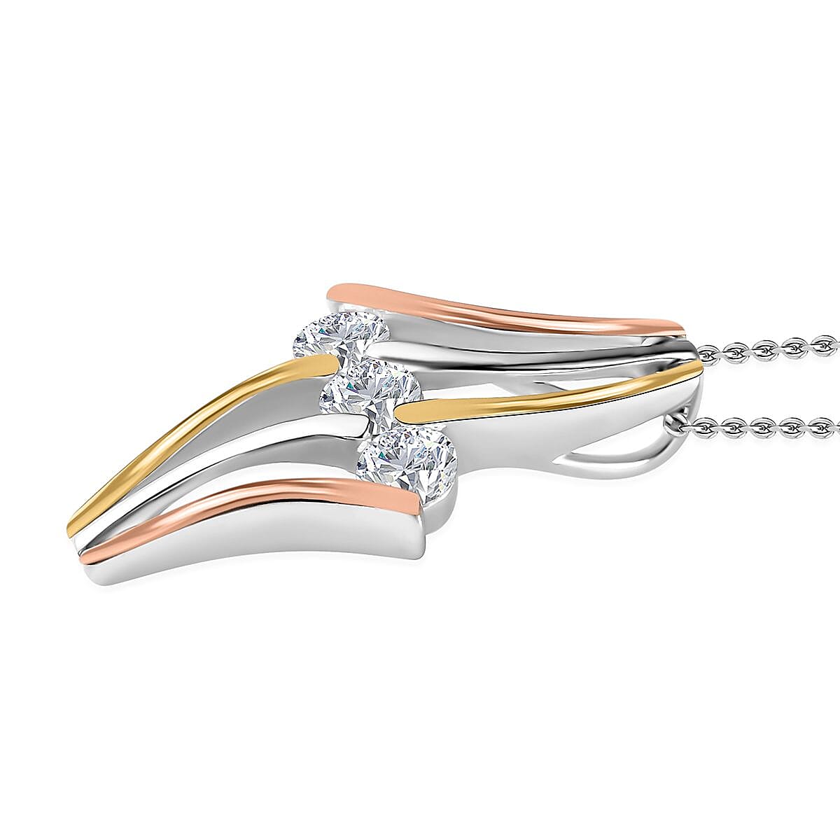 Moissanite 1.40 ctw 3 Stone Ring (Size 7.0) and Pendant Necklace in Vermeil YRG and Platinum Over Sterling Silver 20 Inches image number 7