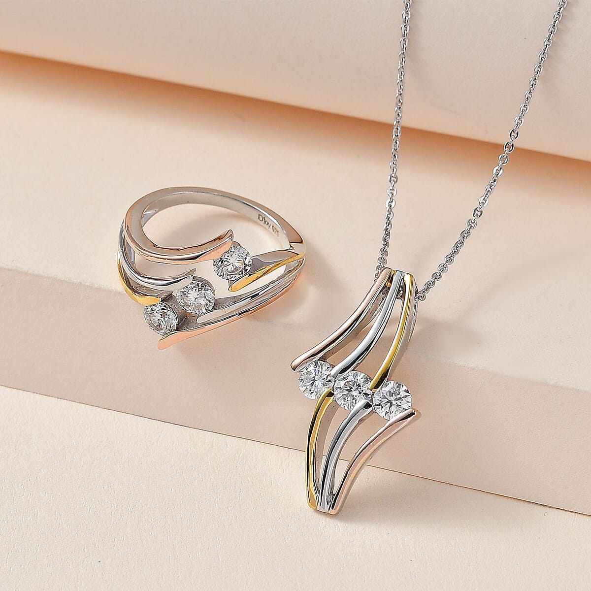 Moissanite 3 Stone Ring (Size 9.0) and Pendant Necklace 20 Inches in Vermeil YRG and Platinum Over Sterling Silver 1.40 ctw image number 1