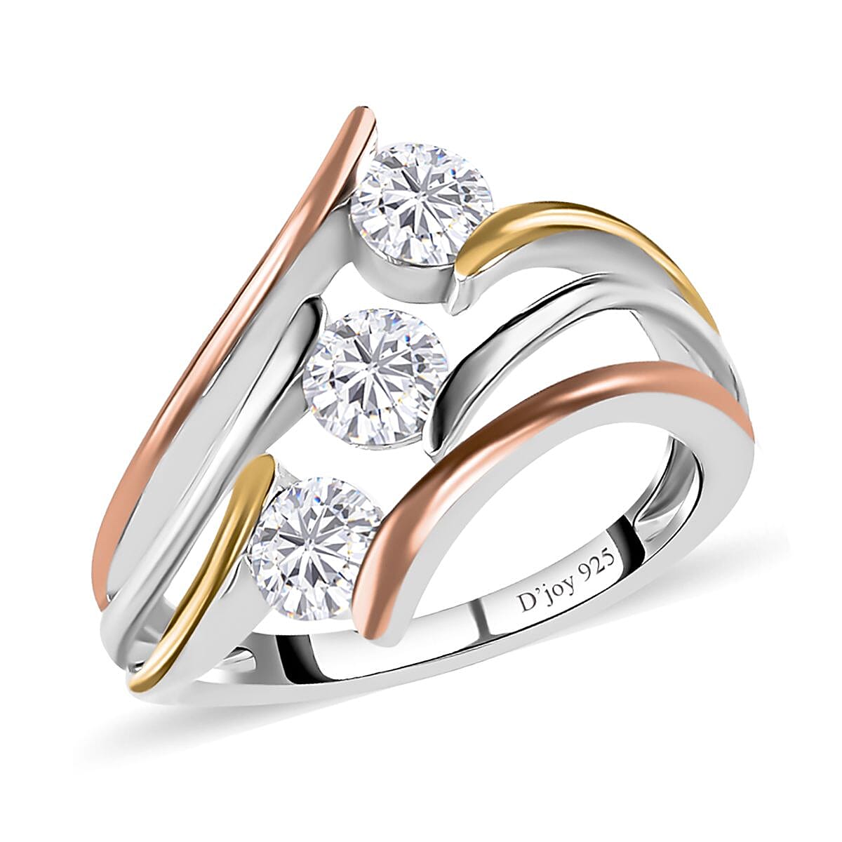 Moissanite 3 Stone Ring (Size 9.0) and Pendant Necklace 20 Inches in Vermeil YRG and Platinum Over Sterling Silver 1.40 ctw image number 3