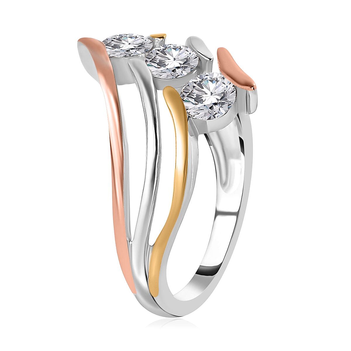 Moissanite 3 Stone Ring (Size 9.0) and Pendant Necklace 20 Inches in Vermeil YRG and Platinum Over Sterling Silver 1.40 ctw image number 4