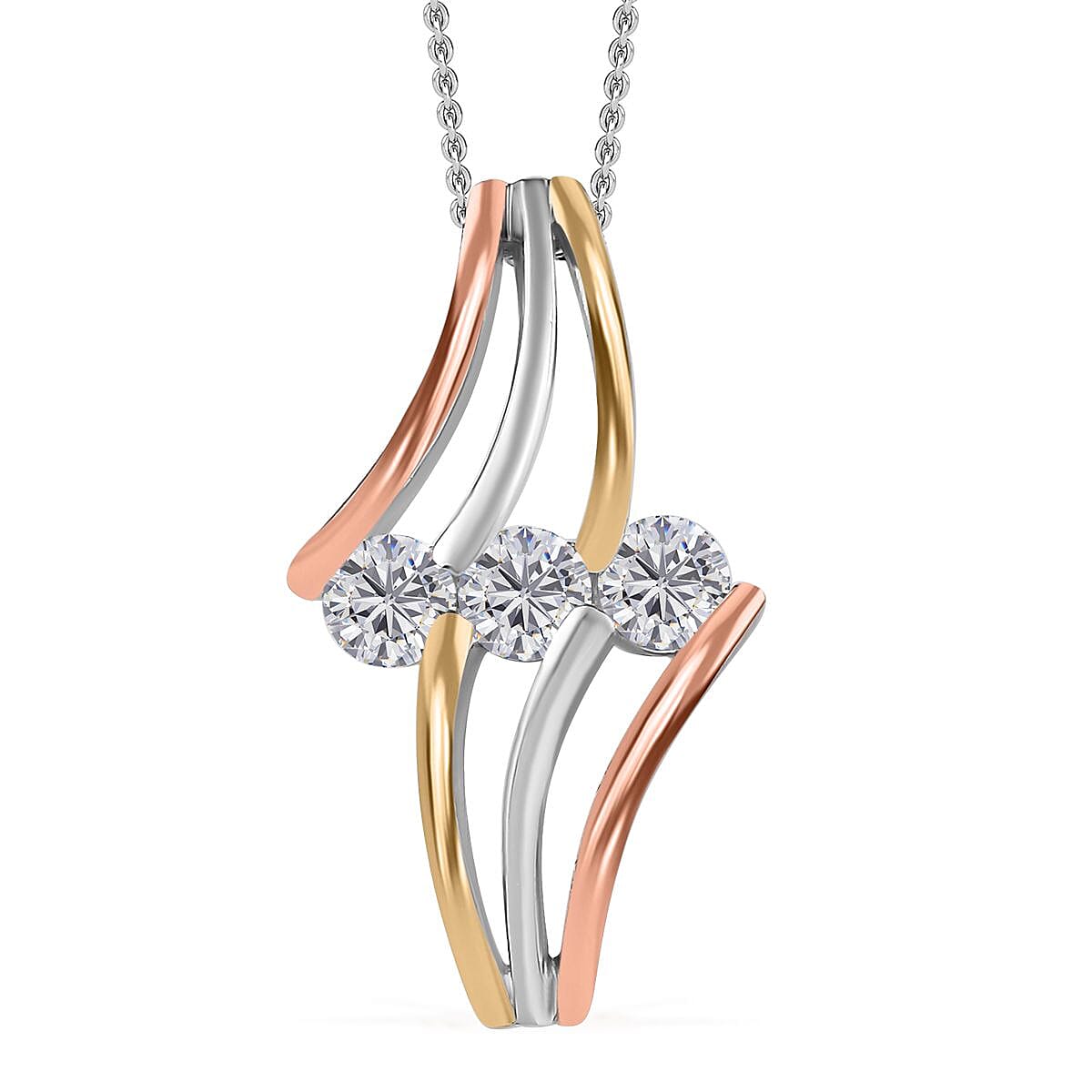 Moissanite 3 Stone Ring (Size 9.0) and Pendant Necklace 20 Inches in Vermeil YRG and Platinum Over Sterling Silver 1.40 ctw image number 6