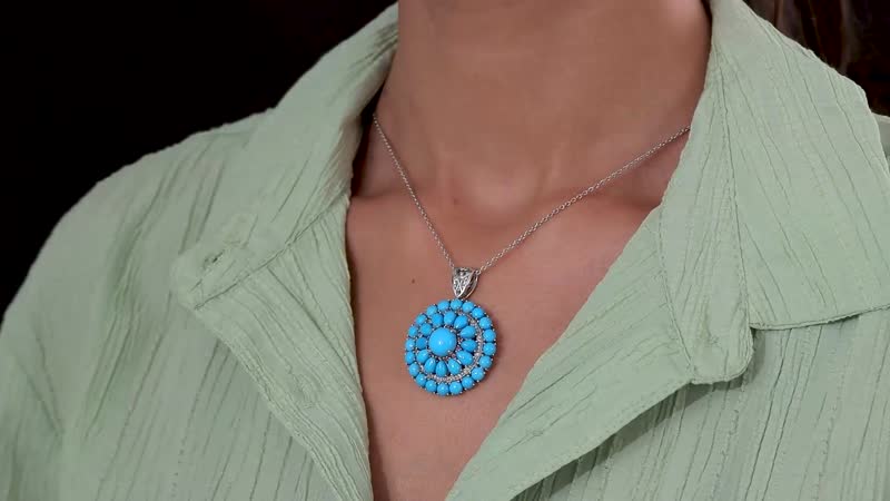 Premium Sleeping Beauty Turquoise and Multi Gemstone Medallion Pendant Necklace 20 Inches in Platinum Over Sterling Silver 14.25 ctw