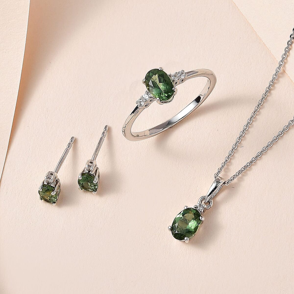 Tanzanian Natural Green Apatite and White Zircon Stud Earrings, Ring (Size 7.0) and Pendant in Platinum Over Sterling Silver 2.35 ctw image number 1