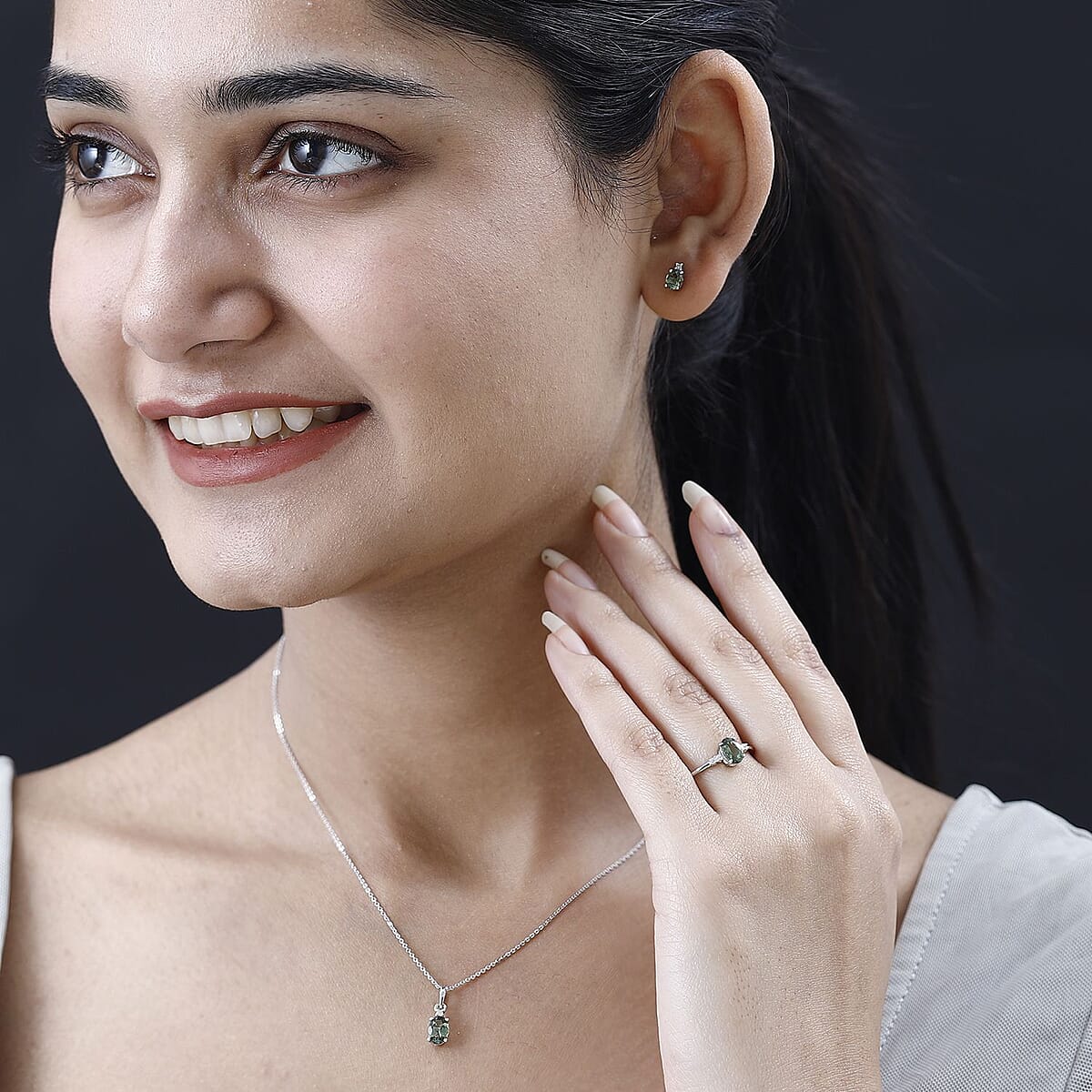 Tanzanian Natural Green Apatite and White Zircon Stud Earrings, Ring (Size 7.0) and Pendant in Platinum Over Sterling Silver 2.35 ctw image number 3