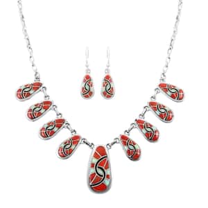 Santa Fe Style Plum Coral and Multi Gemstone Necklace 18-21 Inches and Earrings in Sterling Silver 40.50 ctw