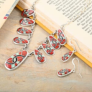 Santa Fe Style Enhanced Coral and Multi Gemstone Necklace 18-21 Inches and Earrings in Sterling Silver 65.00 ctw