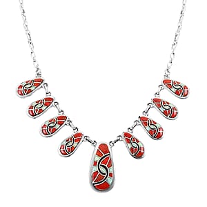 Santa Fe Style Enhanced Coral and Multi Gemstone Necklace 18-21 Inches and Earrings in Sterling Silver 65.00 ctw