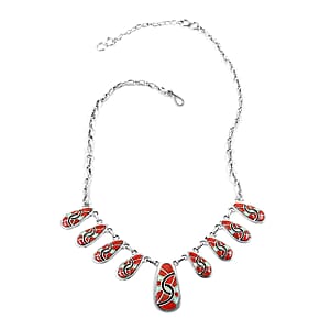 Santa Fe Style Enhanced Coral and Multi Gemstone Necklace 18-21 Inches and Earrings in Sterling Silver 65.00 ctw