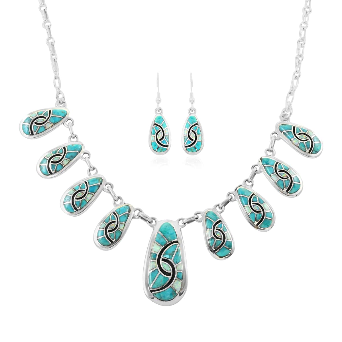 Santa Fe Style Turquoise and Multi Gemstone Necklace 18-21 Inches and Earrings in Sterling Silver 40.50 ctw image number 0