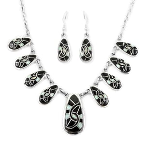 Santa Fe Style Black Onyx and Multi Gemstone Necklace 18-21 Inches and Earrings in Sterling Silver 65.00 ctw