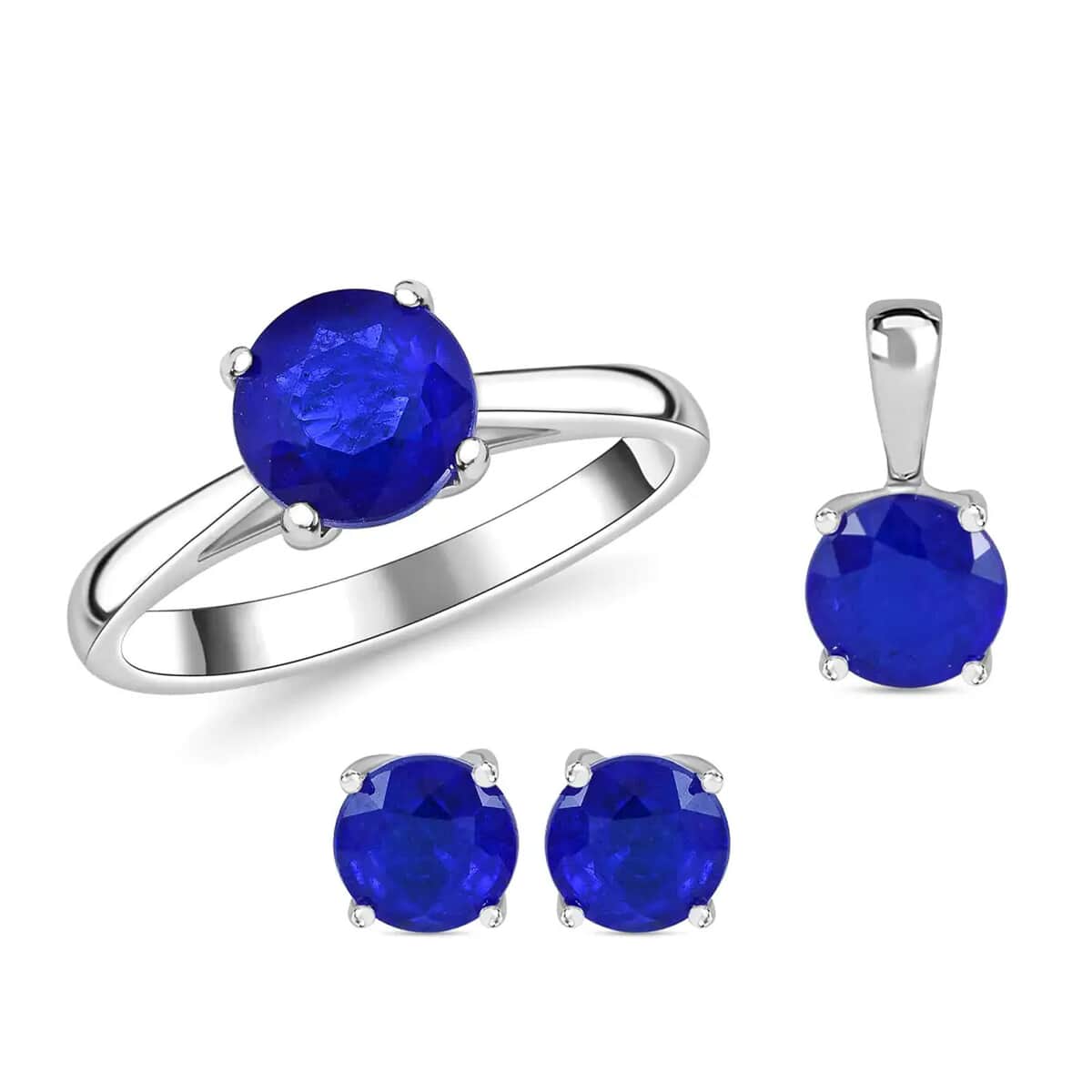 Doorbuster Tanzanian Blue Spinel (DF) Solitaire Stud Earrings, Ring (Size 5.00) and Pendant Necklace 18 Inches in Platinum Over Sterling Silver 5.10 image number 0