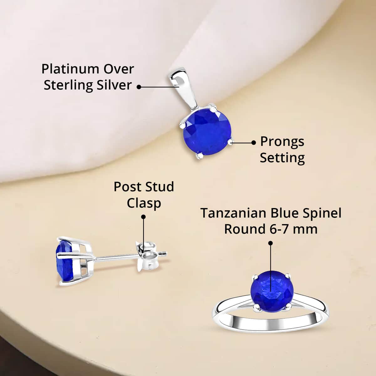 Doorbuster Tanzanian Blue Spinel (DF) Solitaire Stud Earrings, Ring (Size 5.00) and Pendant Necklace 18 Inches in Platinum Over Sterling Silver 5.10 image number 3