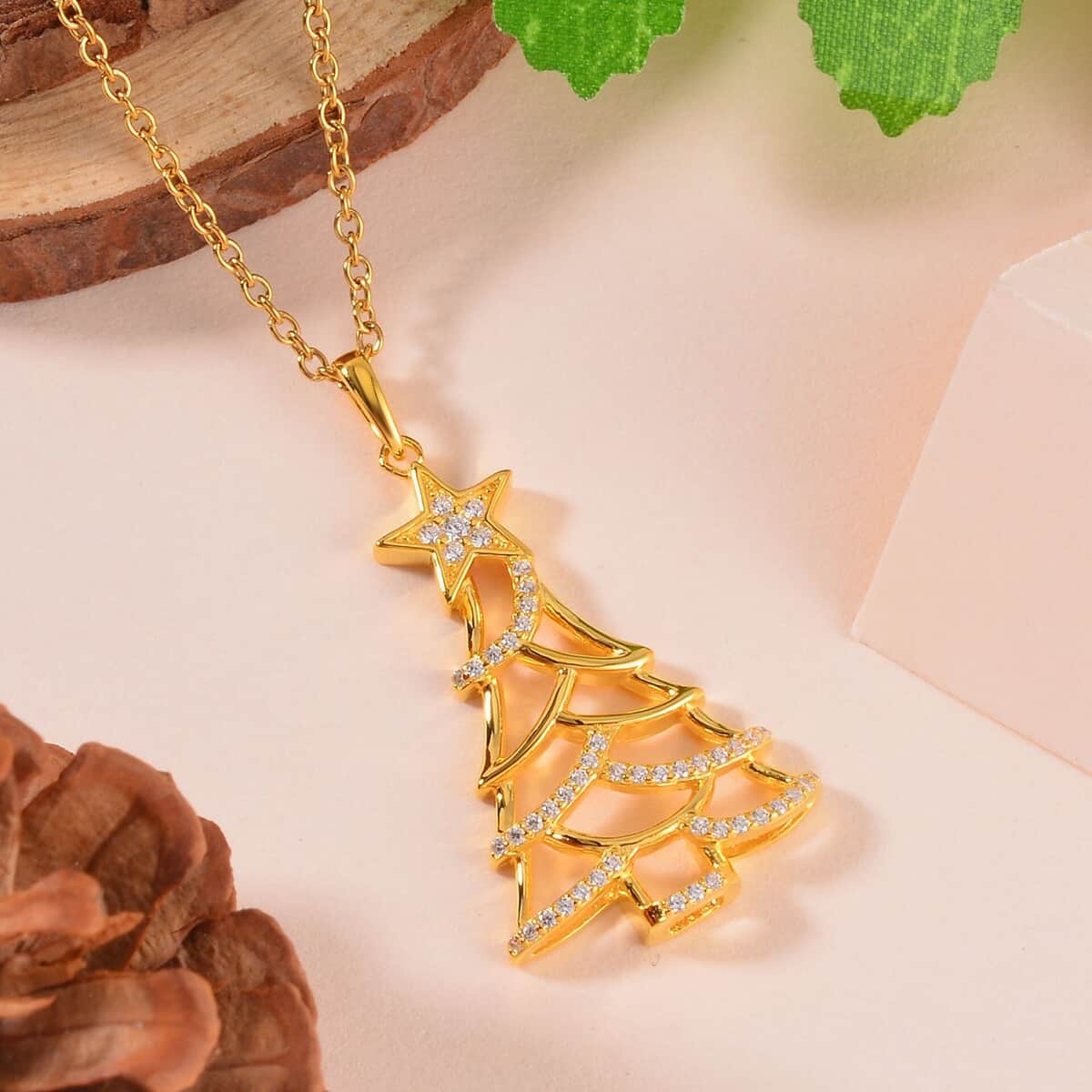 Simulated Diamond Christmas Tree Pendant in 14K Yellow Gold Over Sterling Silver with Stainless Steel Necklace 20 Inches 0.40 ctw image number 1