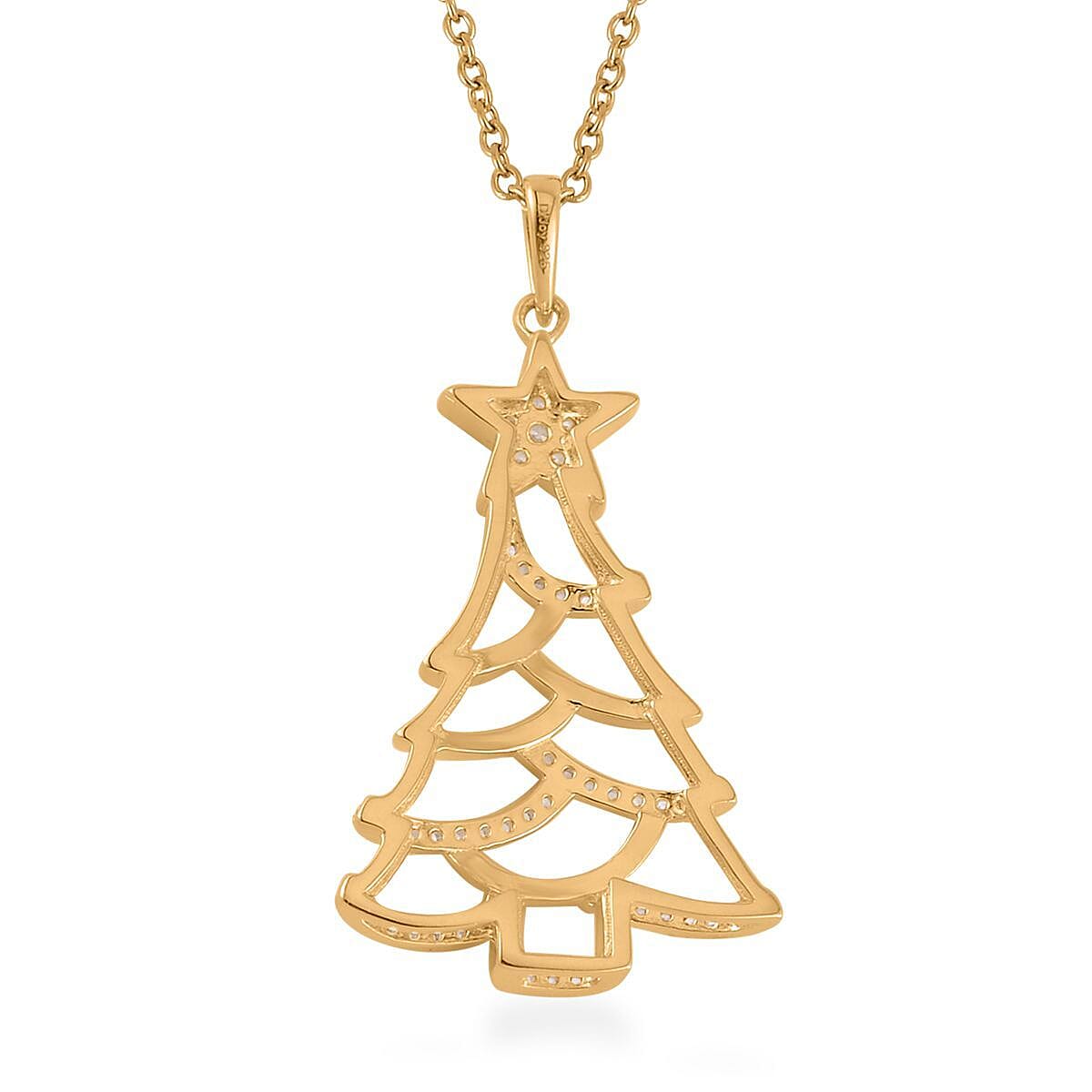 Simulated Diamond Christmas Tree Pendant in 14K Yellow Gold Over Sterling Silver with Stainless Steel Necklace 20 Inches 0.40 ctw